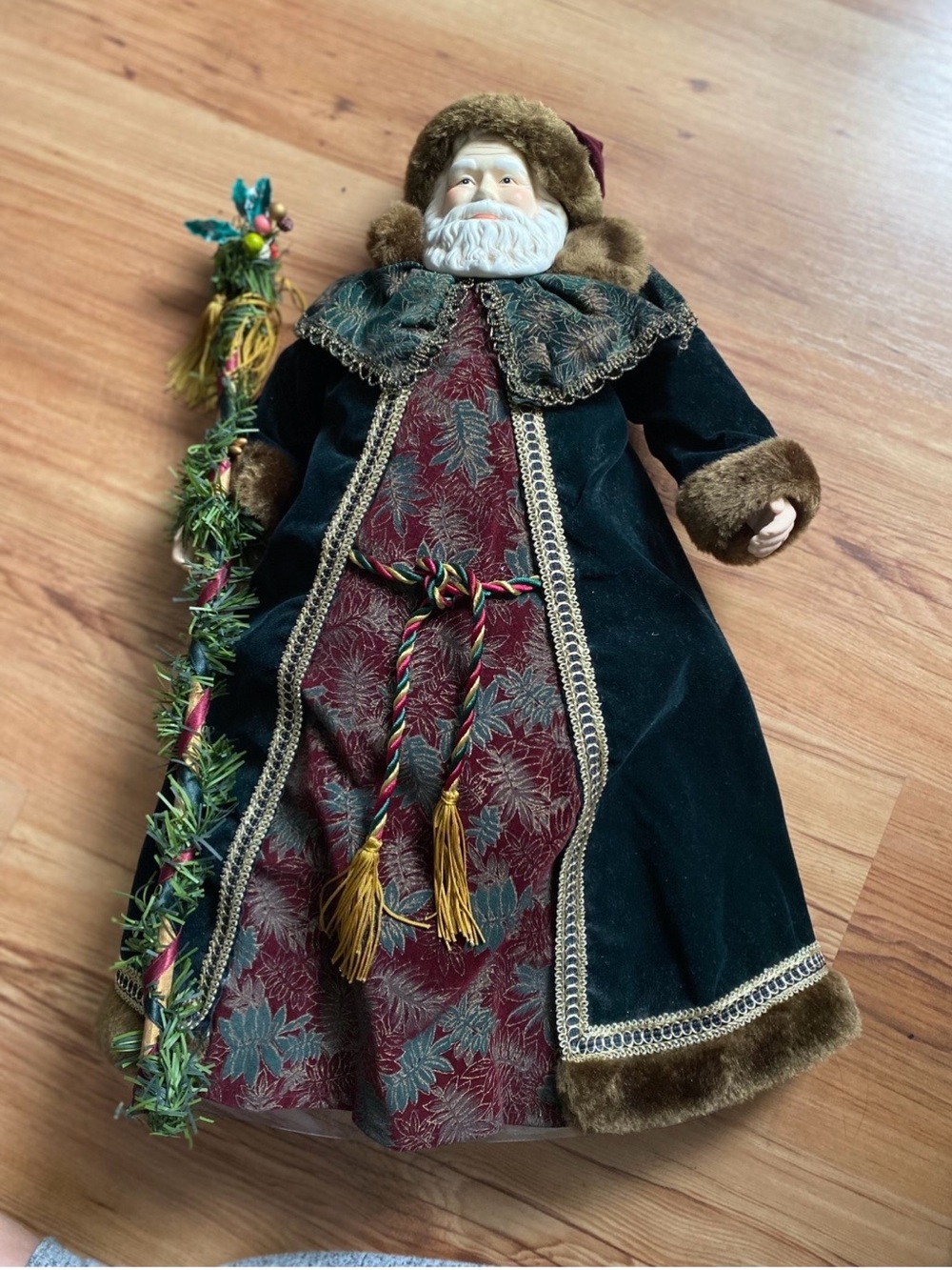 Vintage Santa Claus Holiday Tree Topper or Stand Alone-Faux Fur Trim